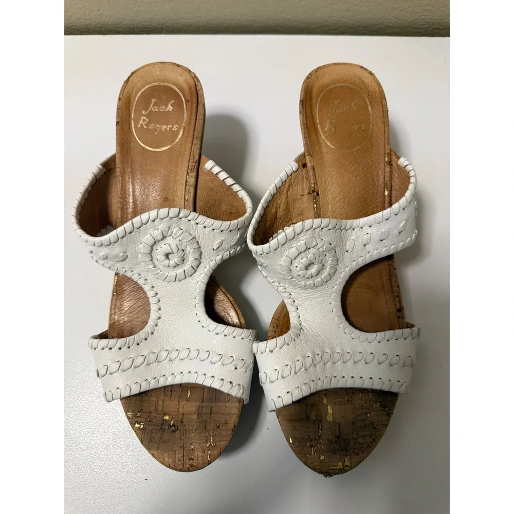 Jack Rogers Womens White Leather Whipstitch Cork Wedge Sandals Gold Fleck 8.5M